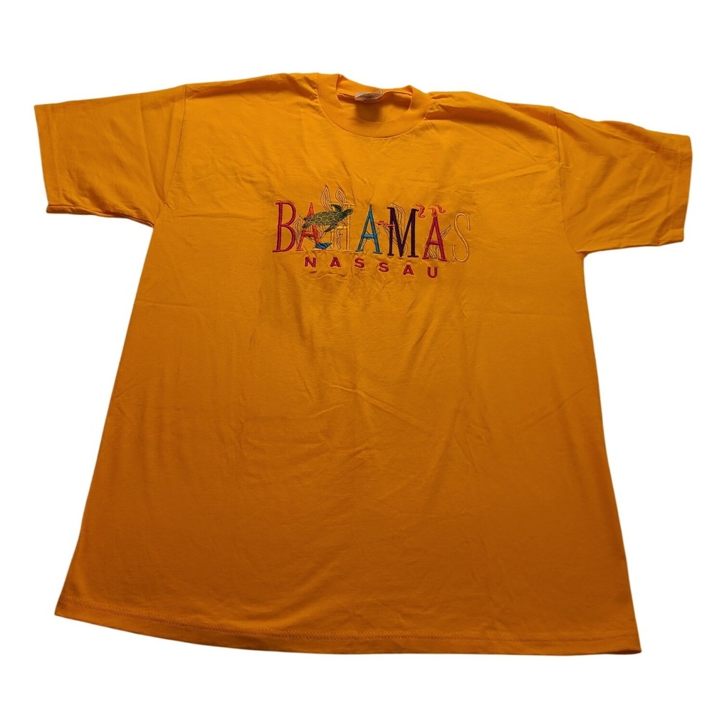 Vintage Jerzees Bahamas Nassau Embroidered T-Shirt Yellow Heavyweight Cotton L
